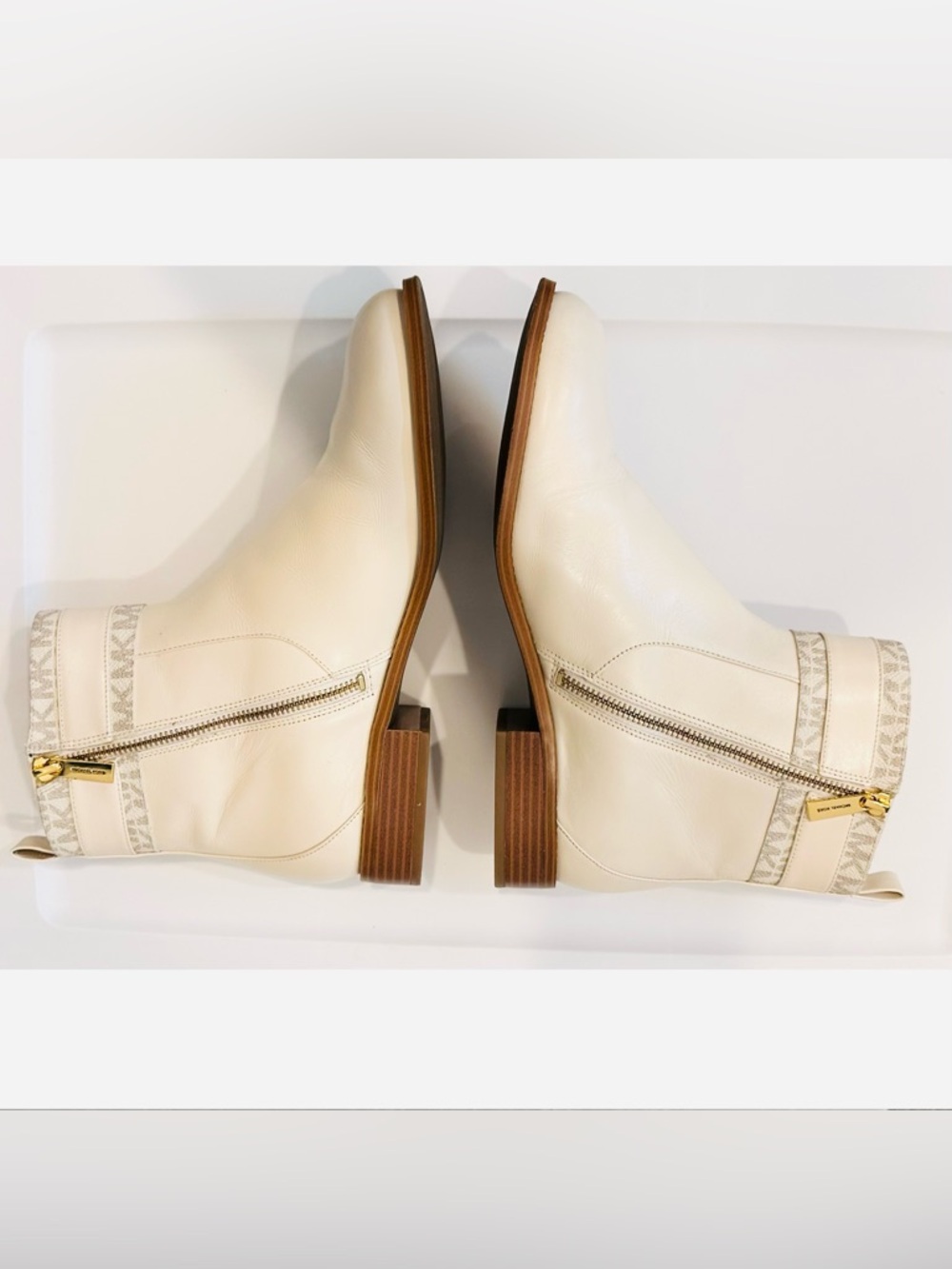 Michael Kors Padma Ankle Booties 9.5M Beige Logo-Trim Strap Women Leather Shoes - Picture 8 of 15